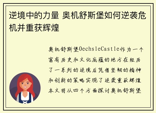 逆境中的力量 奥机舒斯堡如何逆袭危机并重获辉煌